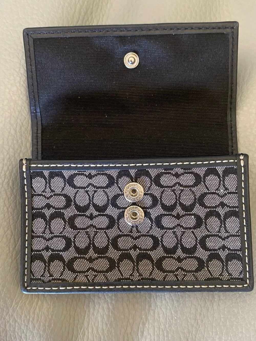 Coach Black Signature Accordion Card Case with Leather Trim